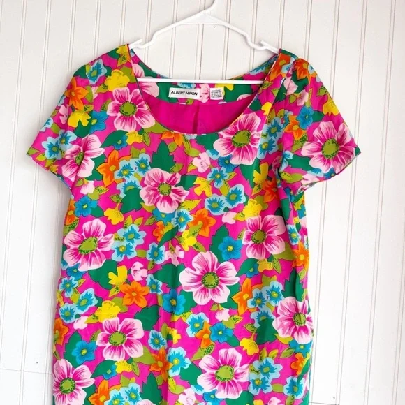 Albert Nipon Size 12 100% Silk Vibrant Floral Shift Dress Vintage - Picture 2 of 5